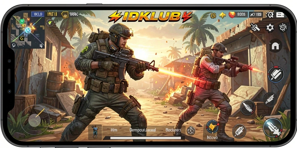 Tangkapan layar gameplay menegangkan dari IDKLUB dengan aksi pertempuran intens.