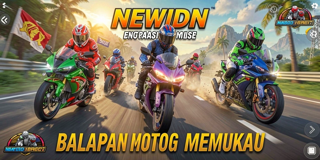 Screenshot gameplay NEWIDN yang menunjukkan aksi balap motor yang seru.
