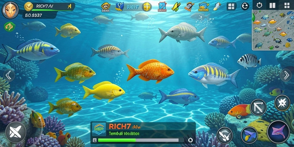 Screenshot RICH7 menampilkan aksi menembak ikan yang seru.