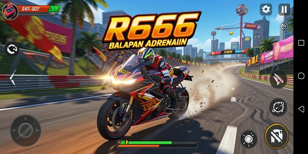 Screenshot game RR666 menunjukkan aksi balapan motor yang mendebarkan.